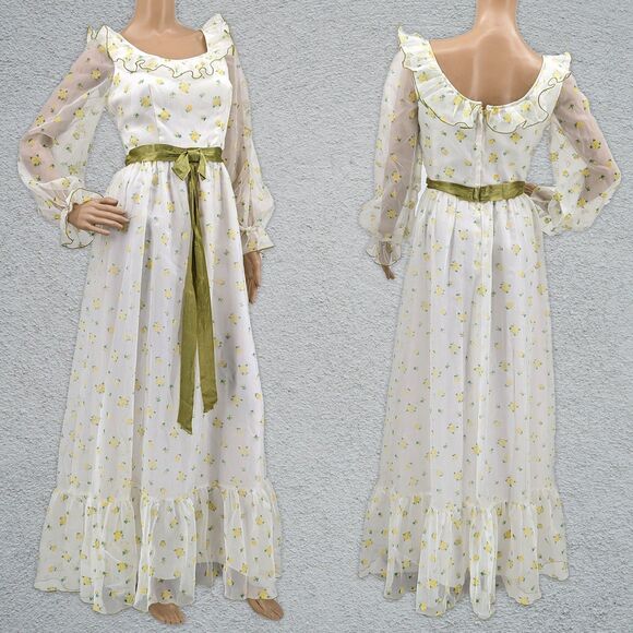 Vintage 70s Montgomery Ward Dress Prairie Gown Floral Velvet Cottage Southern 4 - Picture 1 of 16